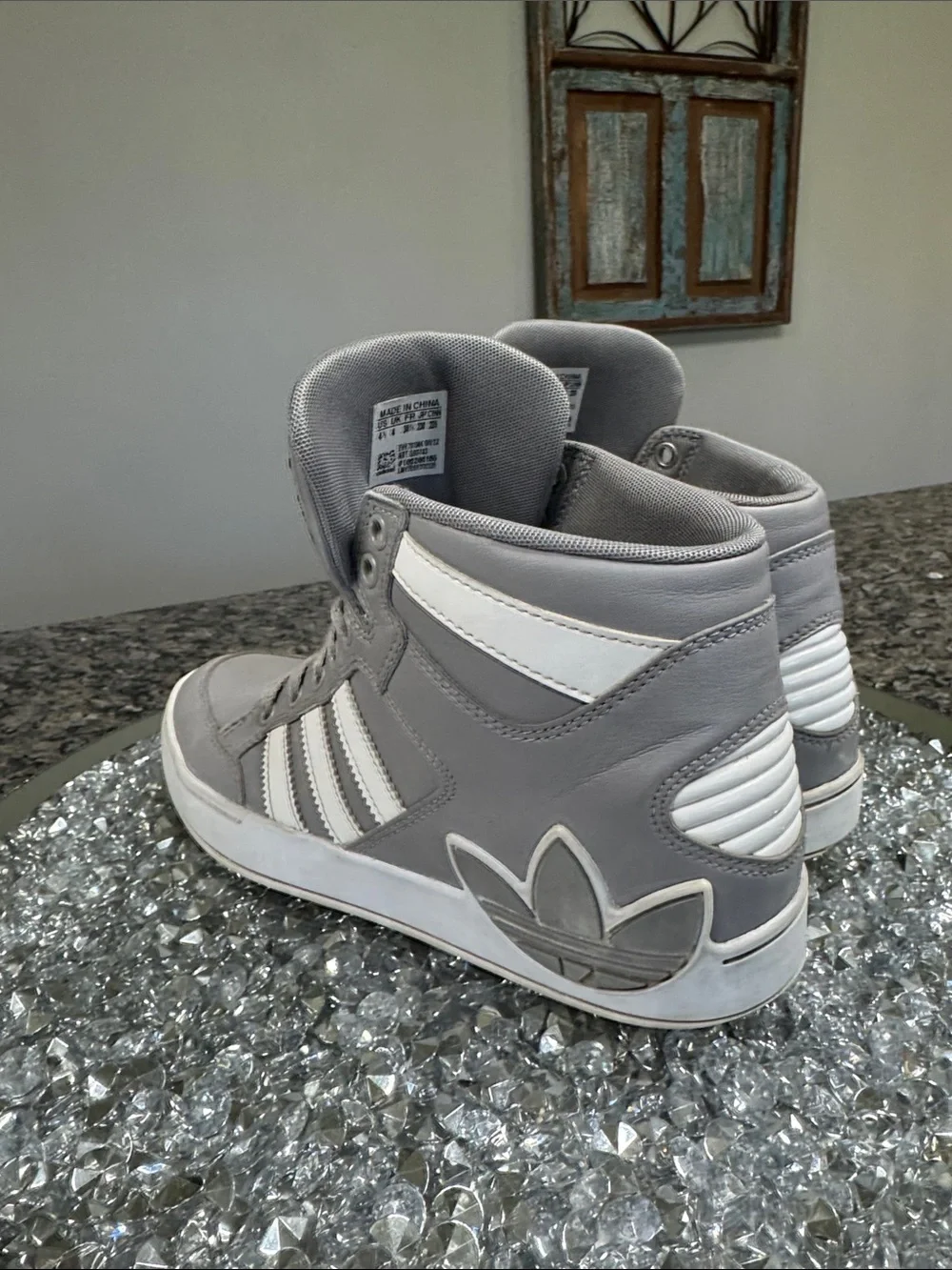 adidas Gray and White high Top Sneakers with Trefoil Logo EUC
